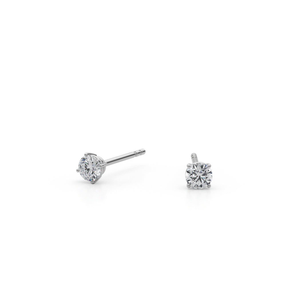 1/4 CTW round lab-grown diamond stud earrings in 14K white gold, angled view