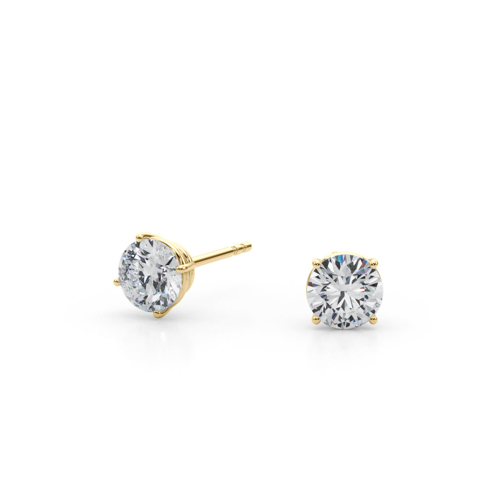 1 CTW round lab-grown diamond stud earrings in 14K yellow gold, angled view