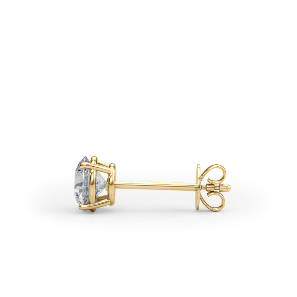 1 CTW round lab-grown diamond stud earrings in 14K yellow gold, side view